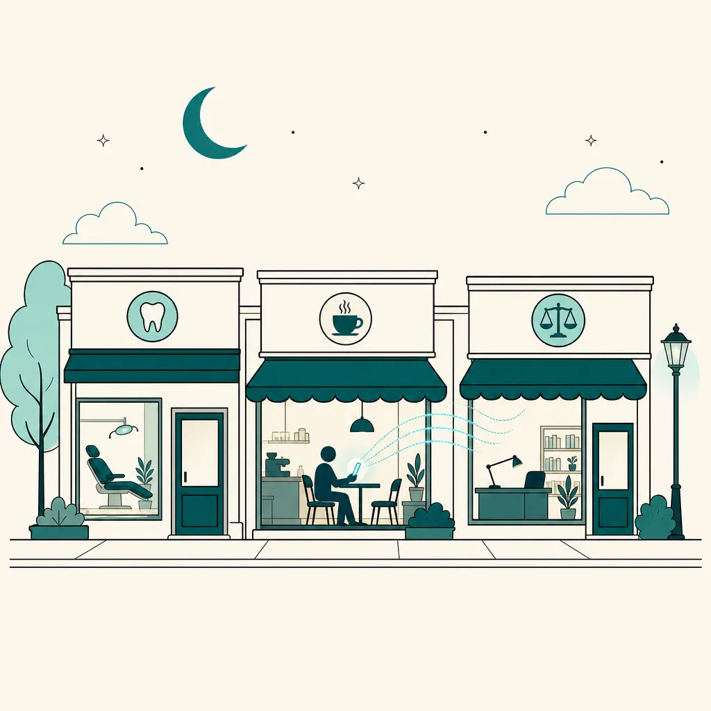 Illustration of a dental clinic, a cafe and a law office at night with a phone answering an after-hours call