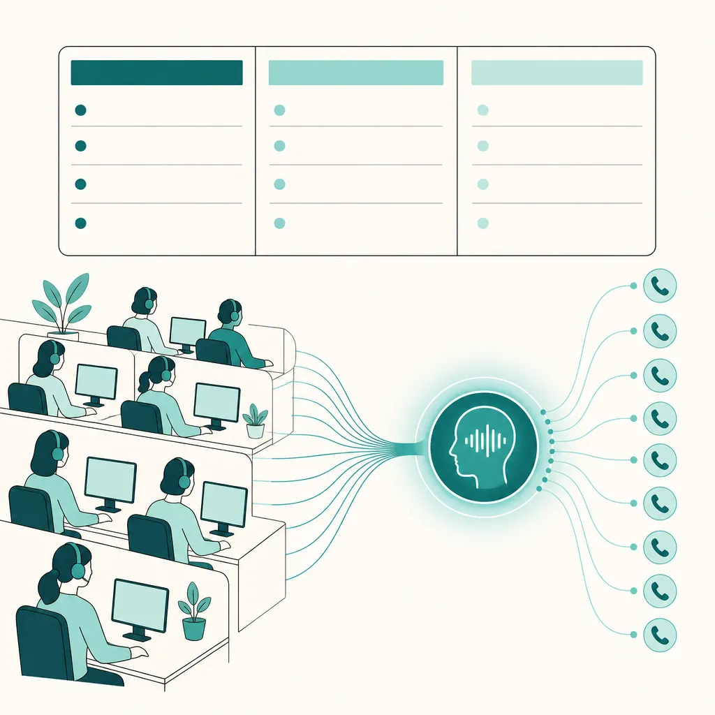 Illustration of a call center floor with human agents next to a single AI voice node answering many incoming calls