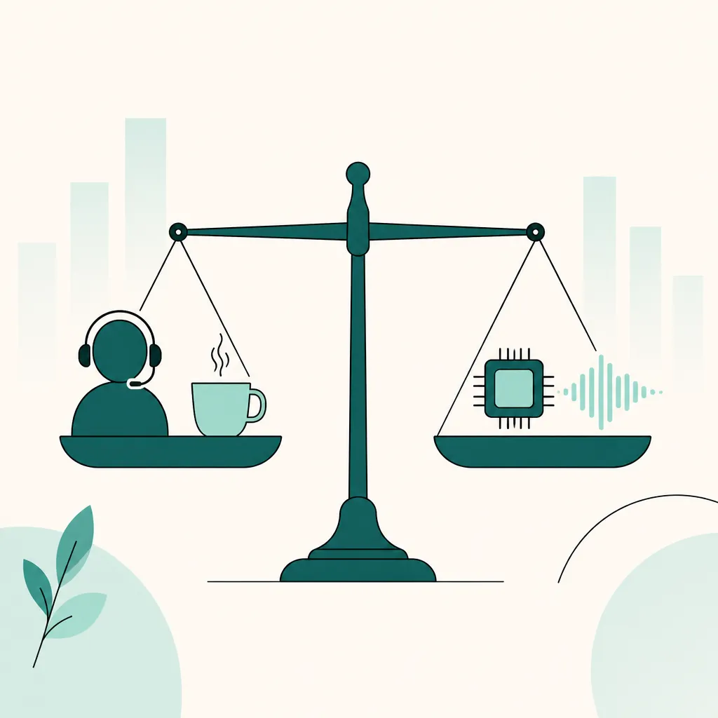 Illustration of a balance scale weighing a human operator with a headset against an AI chip, AI receptionist vs human