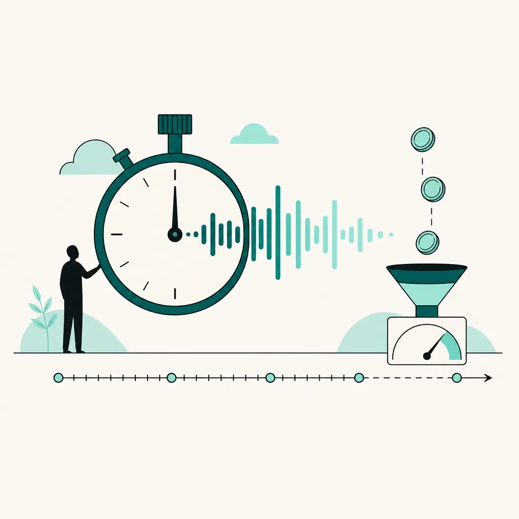 Illustration of a stopwatch and sound wave with coins dropping into a meter, showing per-minute AI voice agent pricing