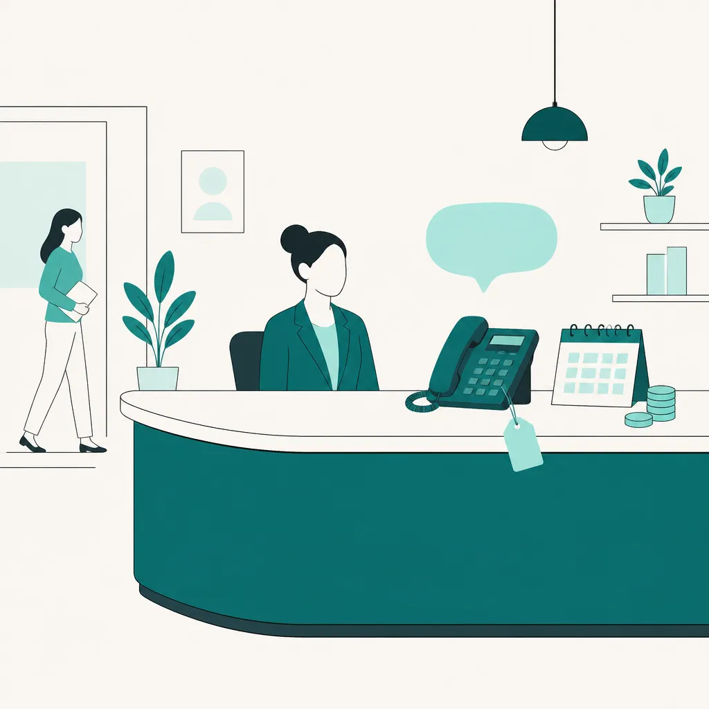 Illustration of a reception desk with a desk phone, a price tag, a monthly calendar and coins showing AI receptionist cost